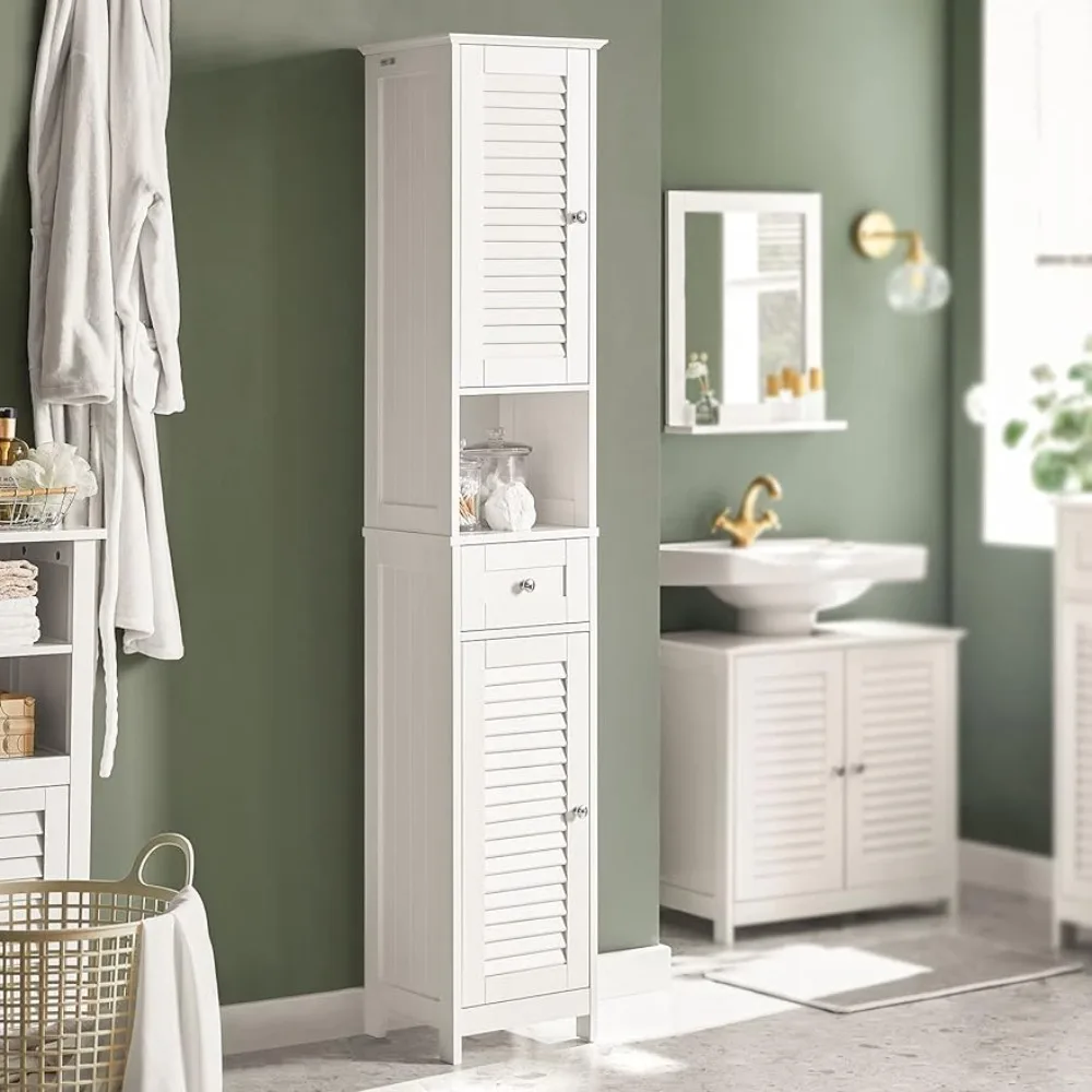 

White Floor Standing Tall Bathroom Storage Cabinet With Shelves and Drawers Linen Tower Bath Cabinet Freight Free Shelf Cabinets