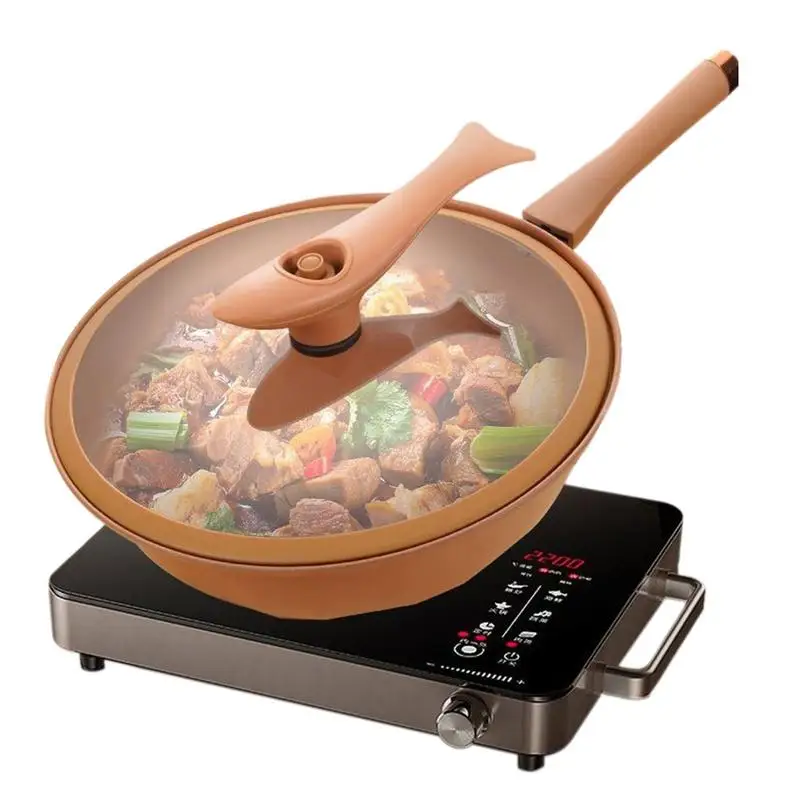 

Iron Wok Chinese Frying Pan Iron Trapezoidal Texture Energy Concentrating Pot Non Stick Clay Wok With Steamer Basket