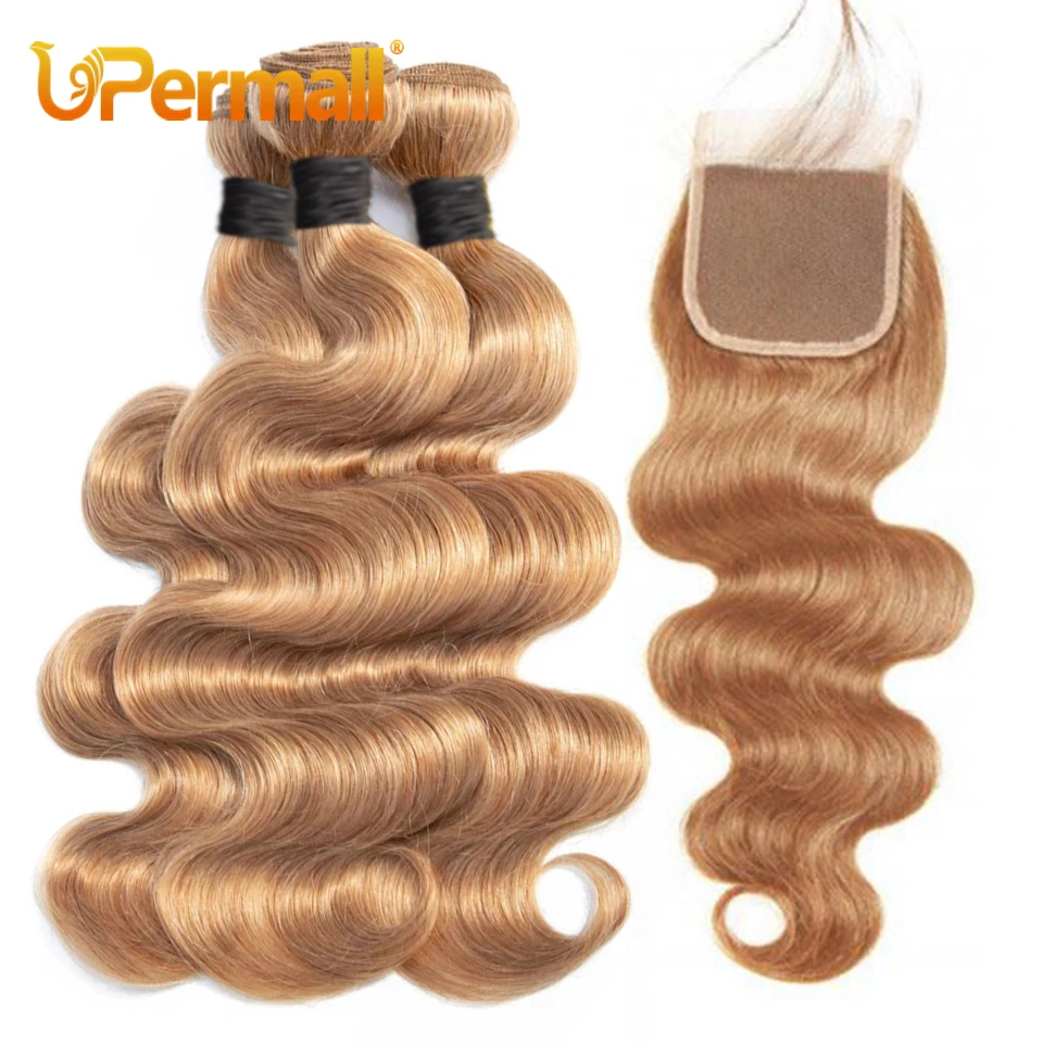 

Upermall #27 Colored 3/4 Remy Bundles with Closure Body Wave Human Hair Honey Blonde Transparent 4x4 5x5 Lace Closure and Weaves