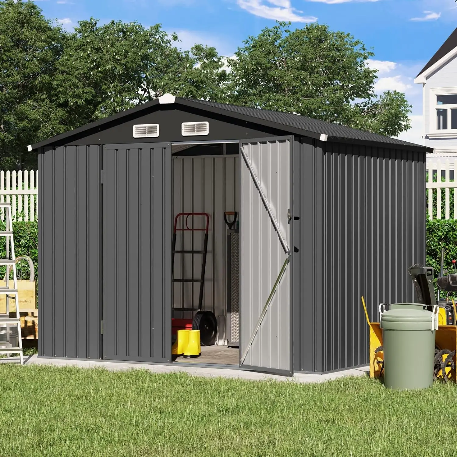 

10x8 FT Outdoor Storage, Galvanized Steel Metal Garden Shed, Double Door W/Lock, Outdoor Storage Tool House for Backyard, Black