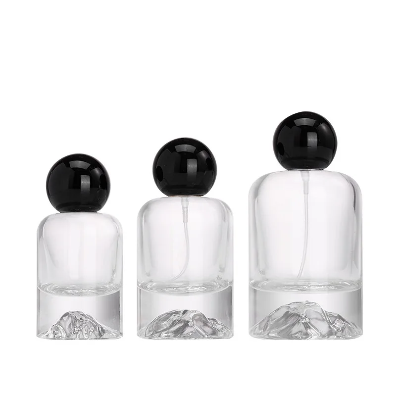 

5pcs Atomizer Perfume Bottle Crimp Pump Black Ball Lid Empty Clear Glass Round Thick Bottom Mist Spray Bottles 30ml 50ml 100ml