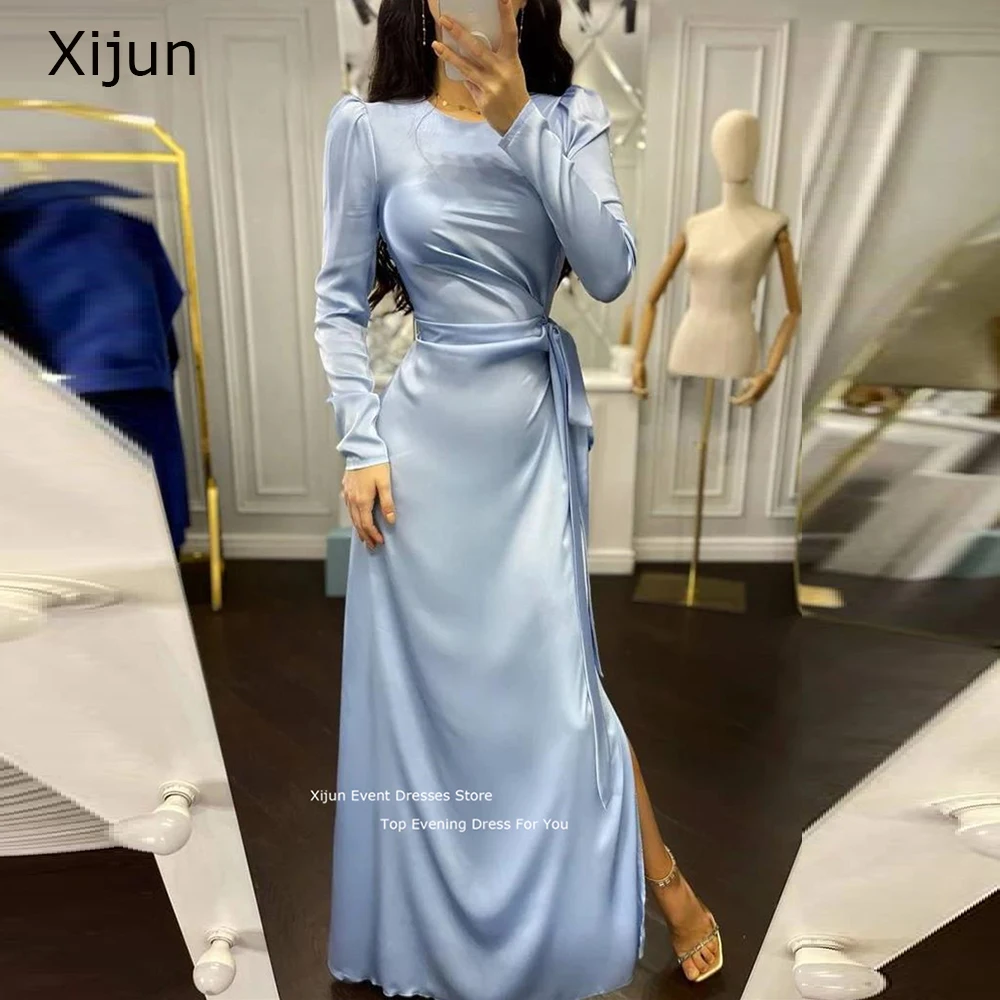 Xijun Baby Blue Satin Modest Evening Dress O Neck Full Sleeves Ankle Floor Side Slit Long Prom Dress For Women Vestido De Festa
Xijun Baby Blue Satin Modest Evening Dress O Neck Full Sleeves Ankle Floor Side Slit Long Prom Dress For Women Vestido De Festa