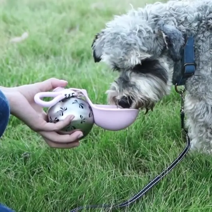 Portable Dog Water Bottle | 2-in-1 Water Bottle for Small Dogs - Leak-Proof A person kneeling on green grass, holding out the light pink pet water bottle for a gray Schnauzer to drink. The silicone leaf is extended to act as a drinking bowl while the dog is on a leash.