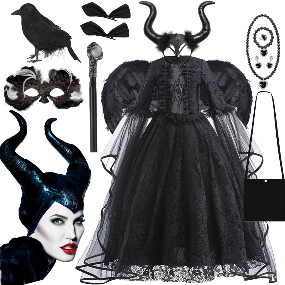 

Disney Halloween Costume Maleficent Tutu Dress For Girls Cosplay Evil Queen Black Mesh Princess Dress Kids Crow Wand Maleficent