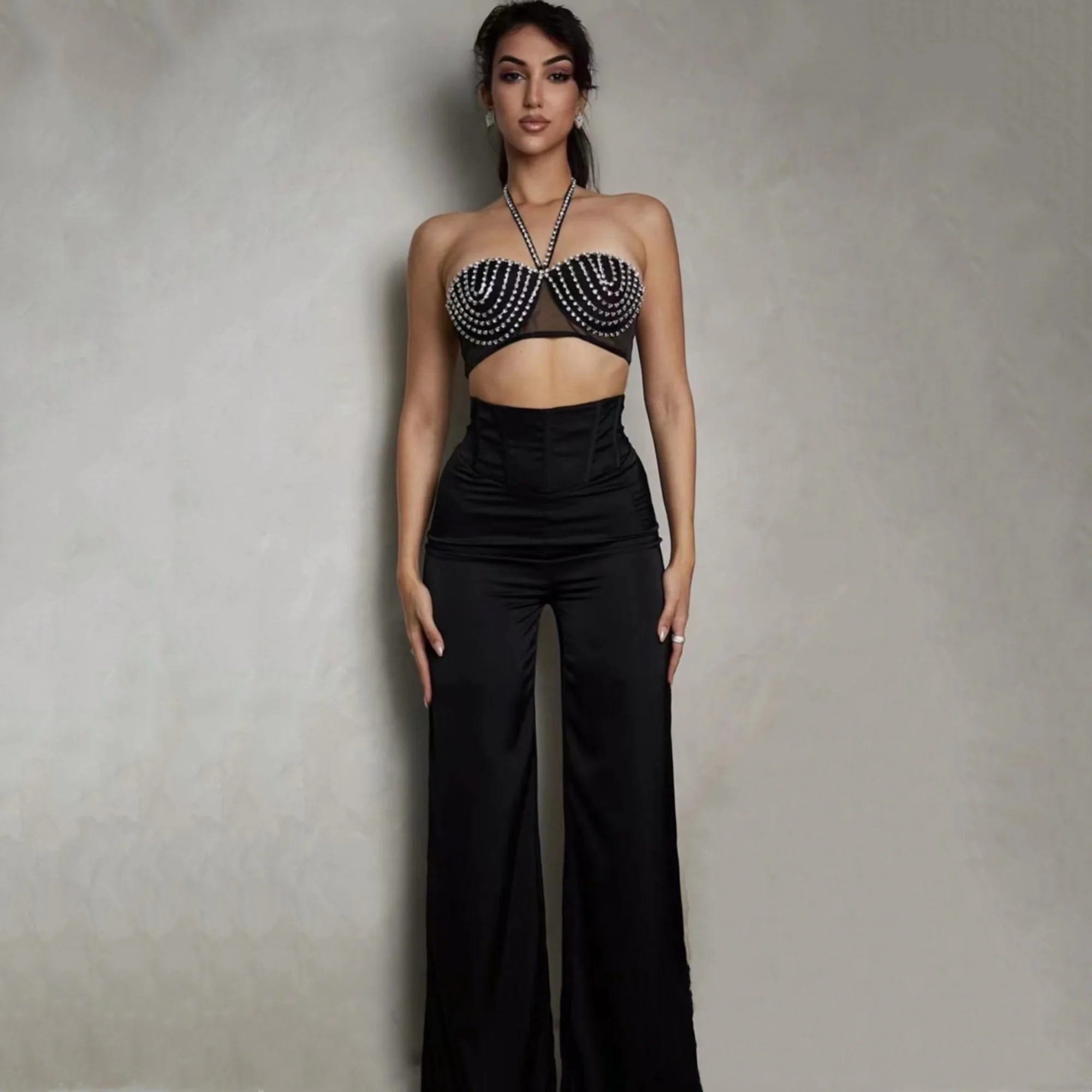 2023 New Summer Women Black Color Sexy Bandage Two-Pieces Strapless Beading Halter Mini Tops Long Pants
2023 New Summer Women Black Color Sexy Bandage Two-Pieces Strapless Beading Halter Mini Tops Long Pants