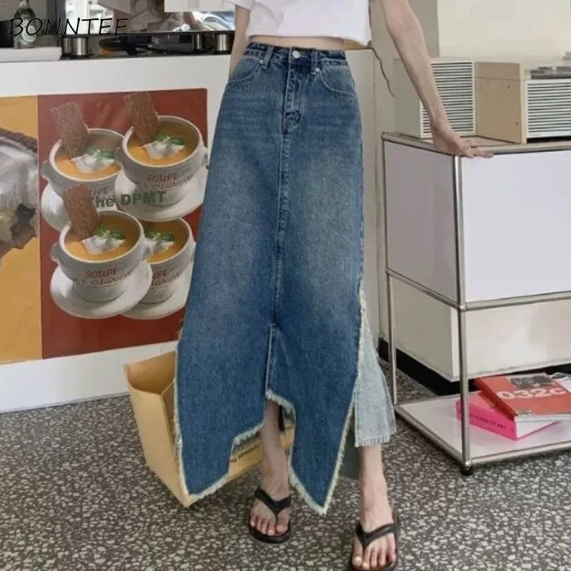 

Denim Skirts Women Personality Asymmetrical Design Side-slit Fashion Students Summer All-match Korean Style High Waist Pockets