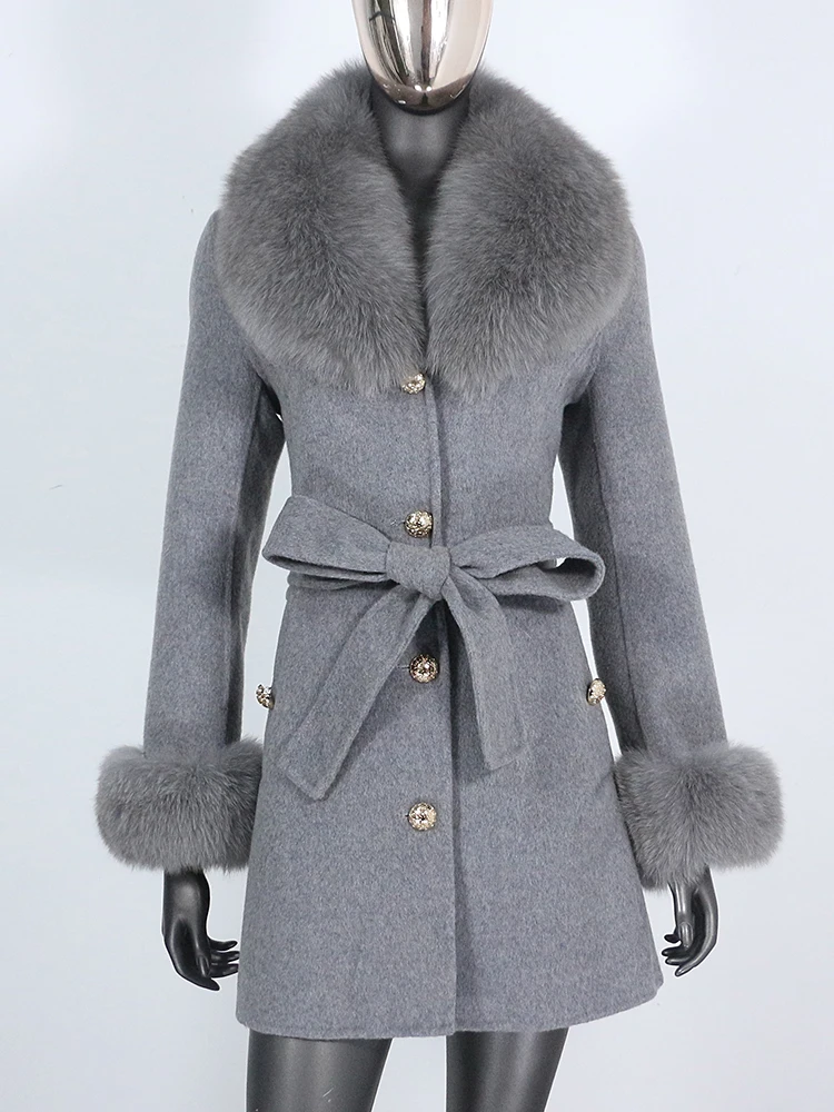 

2023 Winter Jacket Women Real Fur Coat Natural Fox Fur Collar Cuffs Belt Cashmere Wool Woolen Warm Outerwear Streetwear