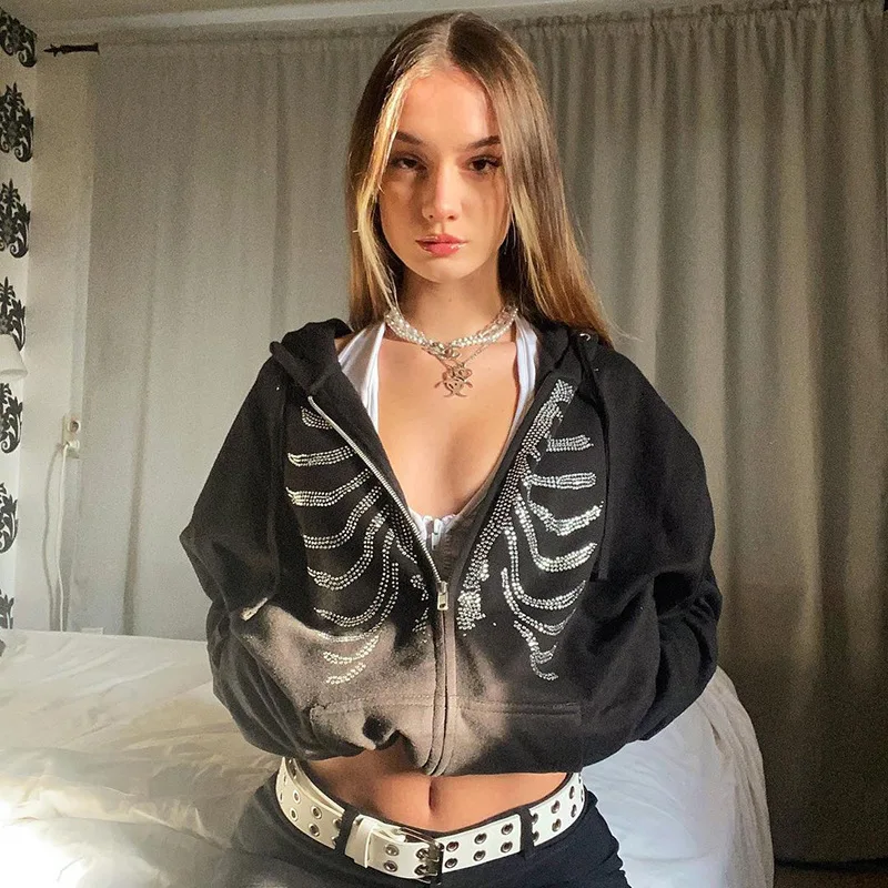 Rhinestone Skeleton Hoodies Women Gothic Black Zip Up Oversized Sweatshirts Harajuku Skulls Hooded Jacket Autumn Streetwear
Rhinestone Skeleton Hoodies Women Gothic Black Zip Up Oversized Sweatshirts Harajuku Skulls Hooded Jacket Autumn Streetwear