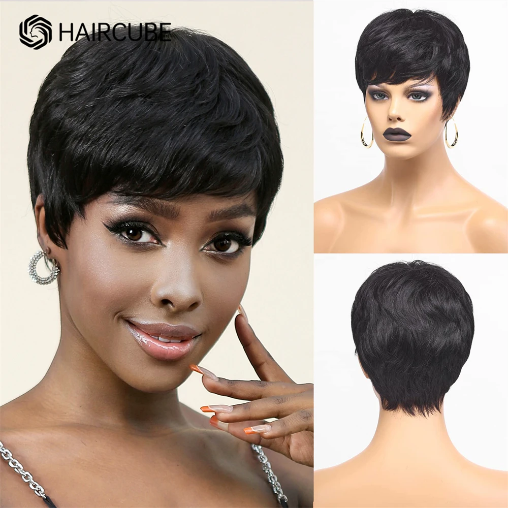 

HAIRCUBE Short Pixie Cut Human Hair Wigs for Brazilian Afro Women Black Bob Straight Layered Cut Wigs with Bang Reamy Huamn Hair