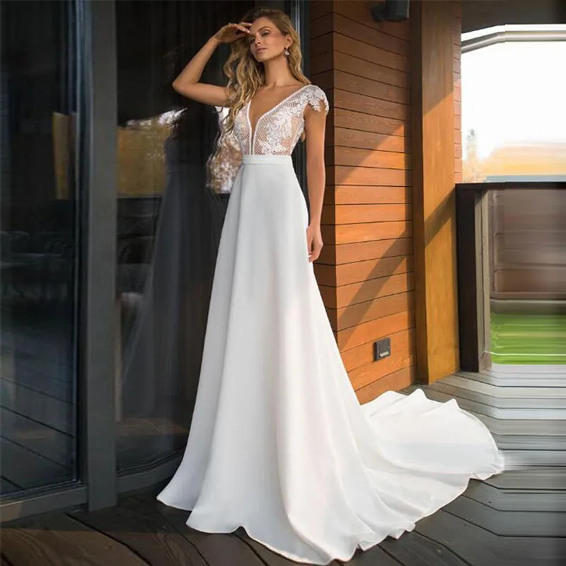 

Атласное свадебное платье в стиле бохо с глубоким V-образным вырезом, 2022, элегантное кружевное платье-трапеция с аппликацией, рукавами-крылышками, длиной до пола, открытой спиной, свадебное платье