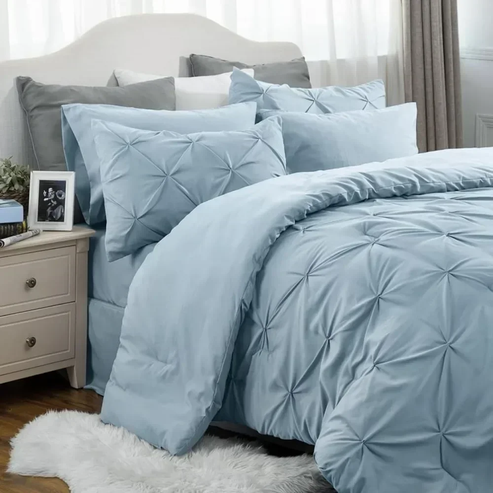 

Beds Sheets Set King-Cal King Bed Set 7 Pieces,Pinch Pleat Light Blue Bedding Sets with Comforters,Sheets,Pillowcases Shams