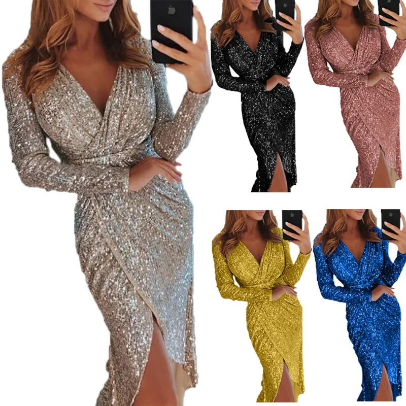 

New Fashion Gold Sliver Sequined Party Dress Spring Autumn V Neck Long Sleeve Front Split Bodycon Party Vestidos Bling Clubwear