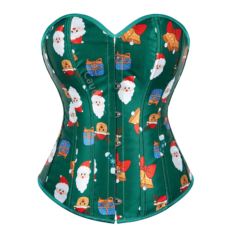 

Рождественский корсет с принтом Зеленой Елки, бюстье с Санта-Клаусом, нижнее белье, топ с белыми перьями, ярко-красный костюм, сексуальный женский костюм
