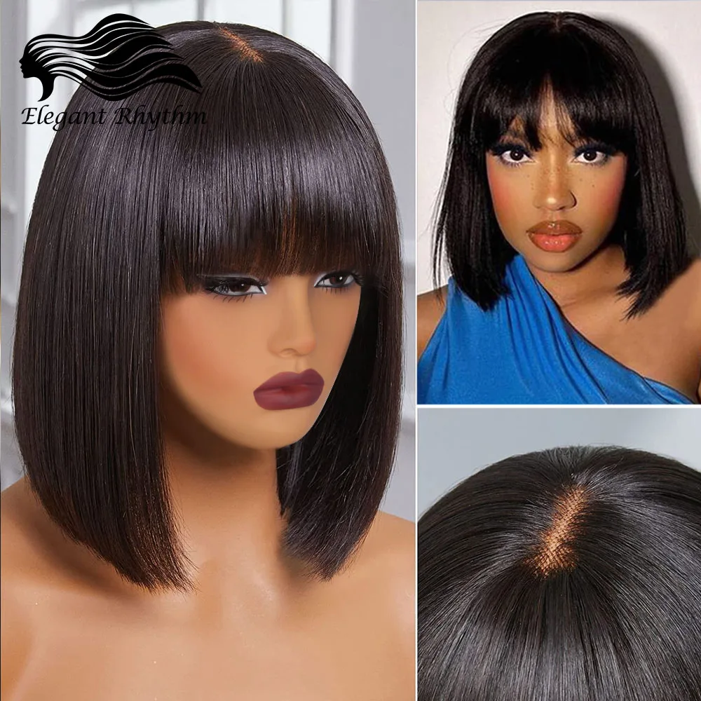 

180% Density Glueless Short Bob Wig Human Hair 3X1 Transparent Lace Straight Bob Wigs With Bangs 12inch Ready To Wear Fringe Wig