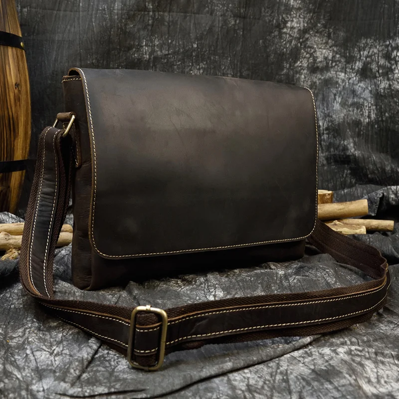 

Men's Genuine Leather Messenger Bag A4 Vintage Crazy Horse Leather Shoulder Bag Cowhide Magnetic Flap Laptop Crossbody Bag