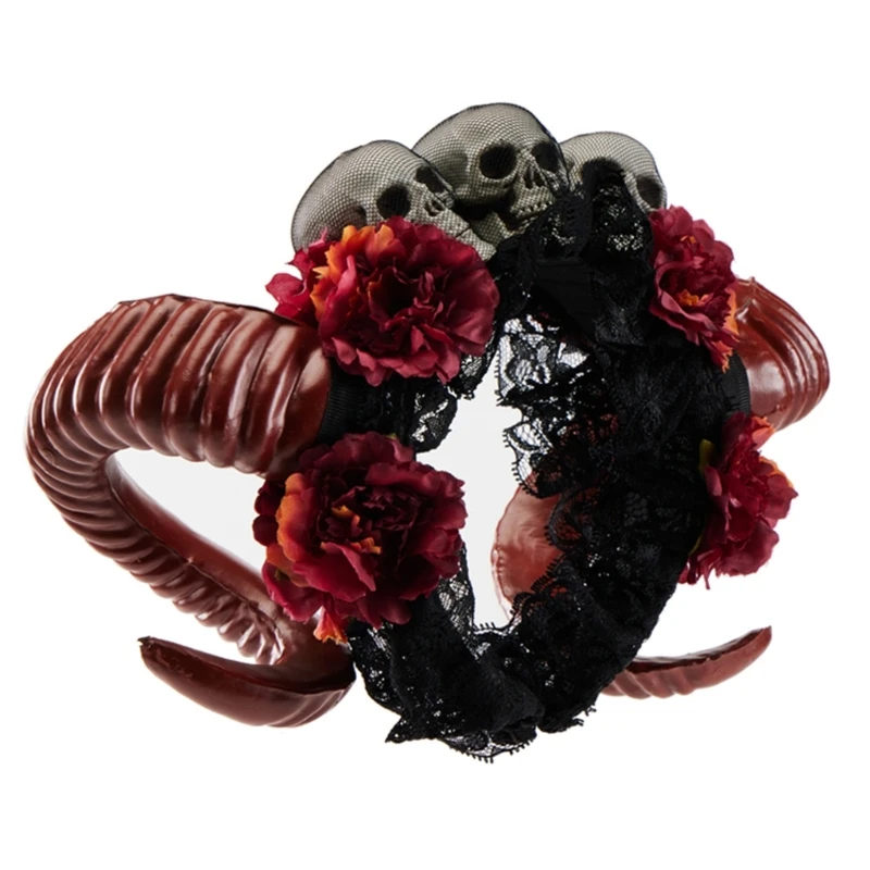

Gothics Devil Horn Headband Flower Skull Hairband Stage Hairhoop Photo Headpiece Dropship