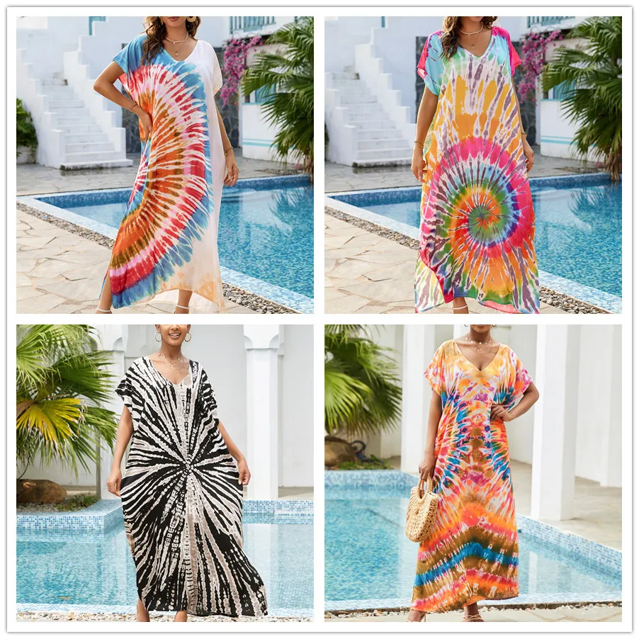 

Multicolored Kaftan Bohemian Printed Bikini Cover Up V-neck Batwing Short Sleeve Maxi Dress Women Beachwear Beach Dress Robe