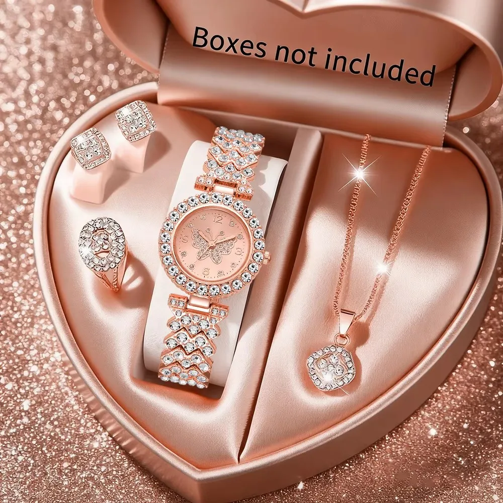 5PCS Luxury Rhinestone Butterfly Dial Women's Quartz Watch Elegant Ladies Bracelet Wristwatch Jewelry Set(Without Box) 5PCS Luxury Rhinestone Butterfly Dial Women's Quartz Watch Elegant Ladies Bracelet Wristwatch Jewelry Set(Without Box)