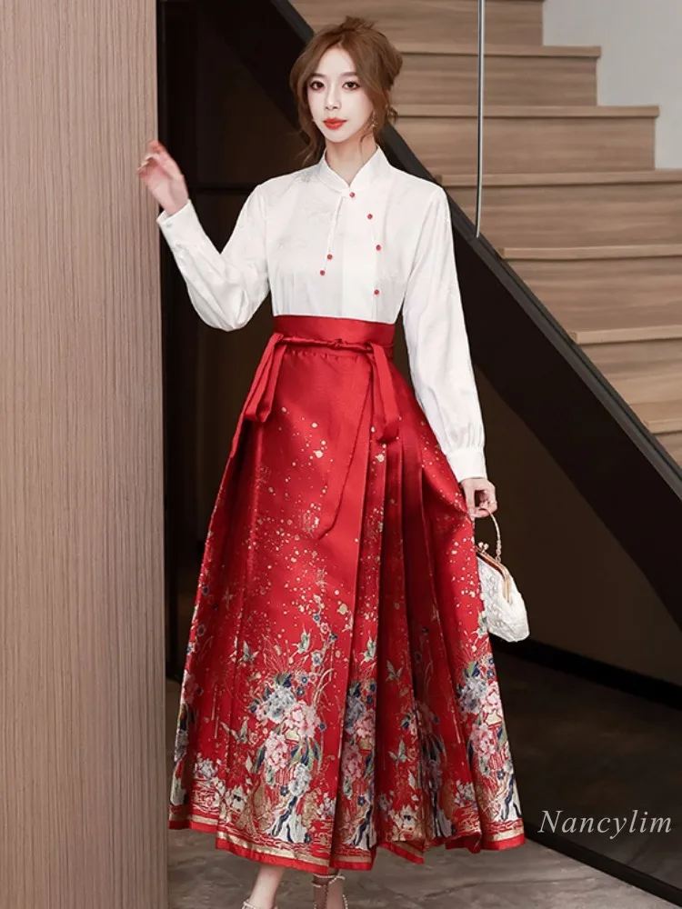 

Chinese Style Red Hanfu Wedding Dress for Women Autumn and Winter New Light National Style Horse-Face Skirt Suit Buy Separately