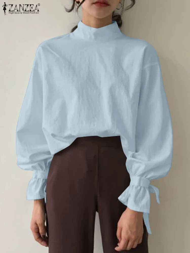 

Женская шикарная блузка ZANZEA 2024, Весенняя однотонная бандажная блузка с длинным рукавом-фонариком, модная водолазка, Повседневная Свободная рубашка большого размера