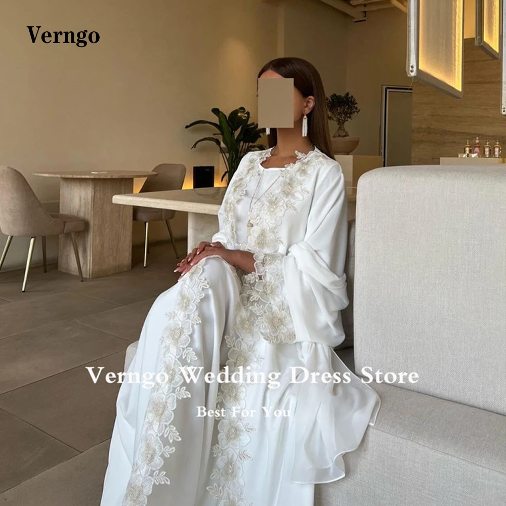 

Verngo Vintage White Two Pieces Dubai Arabic Kaftan Evening Dresses Long Sleeves Coat Applique Straight Formal Prom Gowns
