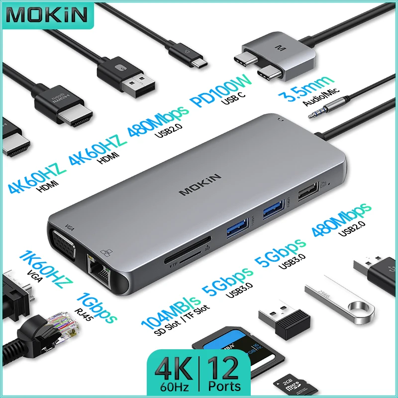 

MOKiN 12 in 2 Docking Station - USB2.0, USB3.0, HDMI 4K60Hz, VGA 1K60Hz, PD 100W, SD, TF, RJ45 1Gbps, Audio - MacBook Air/Pro