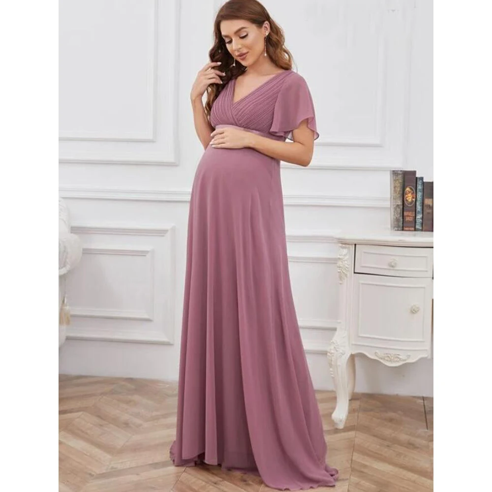 

Maternity Surplice Neck Butterfly Sleeve Elastic Chiffon Dress Large swing double V-neck Banquet Bridesmaid Large Evening Dress