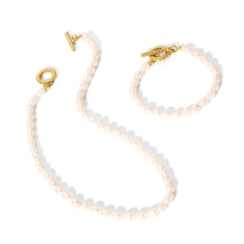 

Elegant Baroque Pearl Bracelet Necklaces for Women 18k Gold Plated Stainless OT Buckle Choker Collars Jewelry Gift