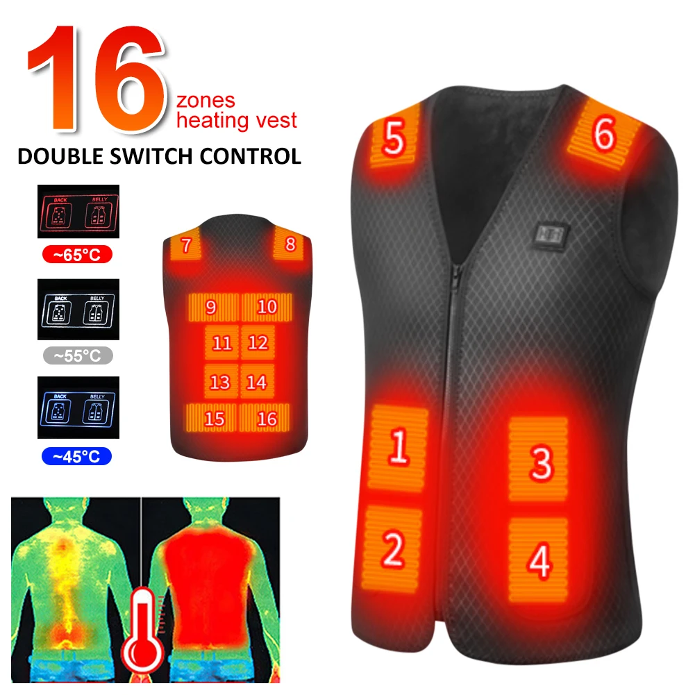 Electric Heated Vest 16 Heating Zones Washable Sleeveless Jacket Double Control Winter Thermal Vest Clothes Body Warmer M-4XL
Electric Heated Vest 16 Heating Zones Washable Sleeveless Jacket Double Control Winter Thermal Vest Clothes Body Warmer M-4XL