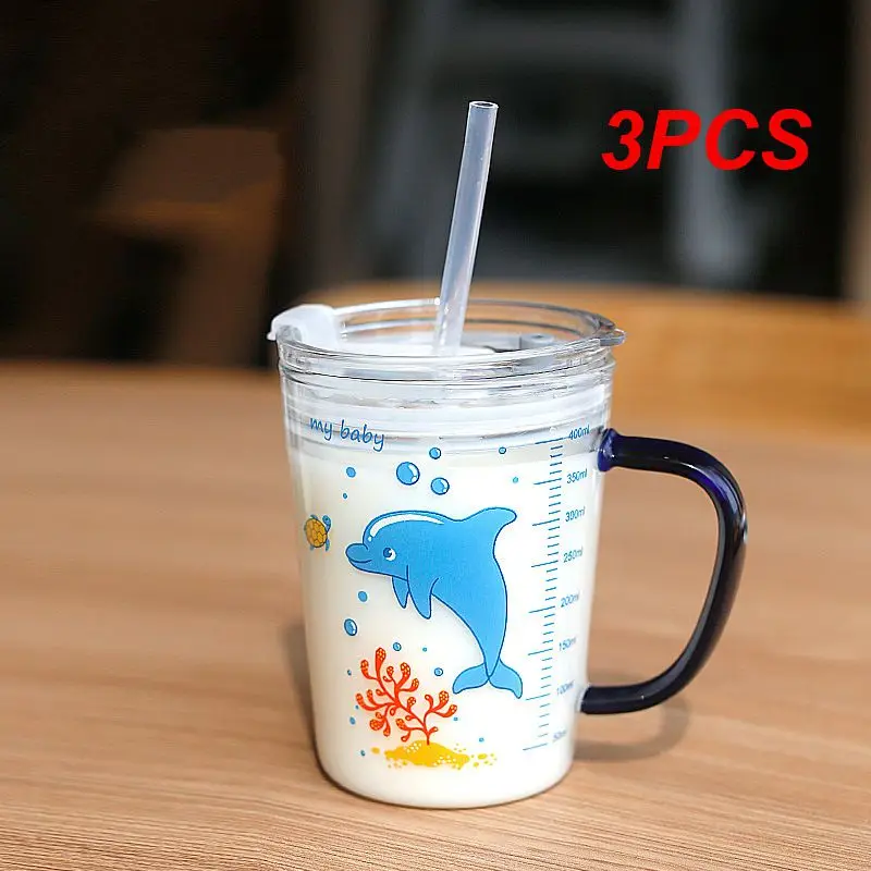 

3PCS Coffee Cup Children's Milk Cup Glass Home Cartoon Drinking Cup Breakfast Cup Straw Cup 450ml Mugs Child Sippy Cup Drinkware