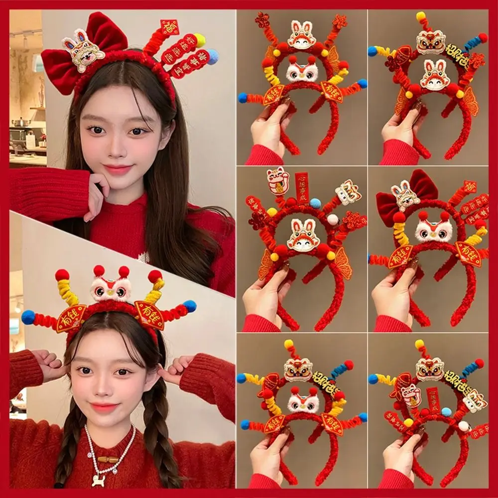 

Lion Dance 2024 Happy New Year Headband Red Hairband LED Headband Glowing LED Light Hair Band Cartoon Embroidery Hair Hoop