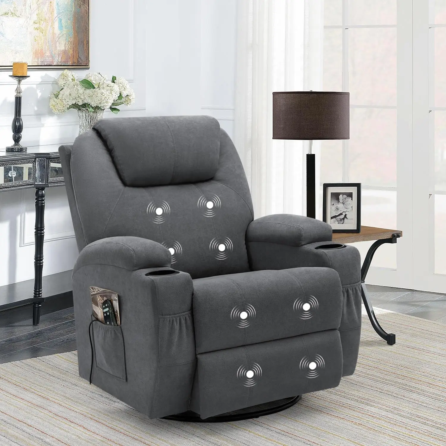 New Chair Recliner Chair with Massage Swivel Ergonomic Lounge Chair Classic Single Sofa with 2 Cup Holders Side Pockets
New Chair Recliner Chair with Massage Swivel Ergonomic Lounge Chair Classic Single Sofa with 2 Cup Holders Side Pockets