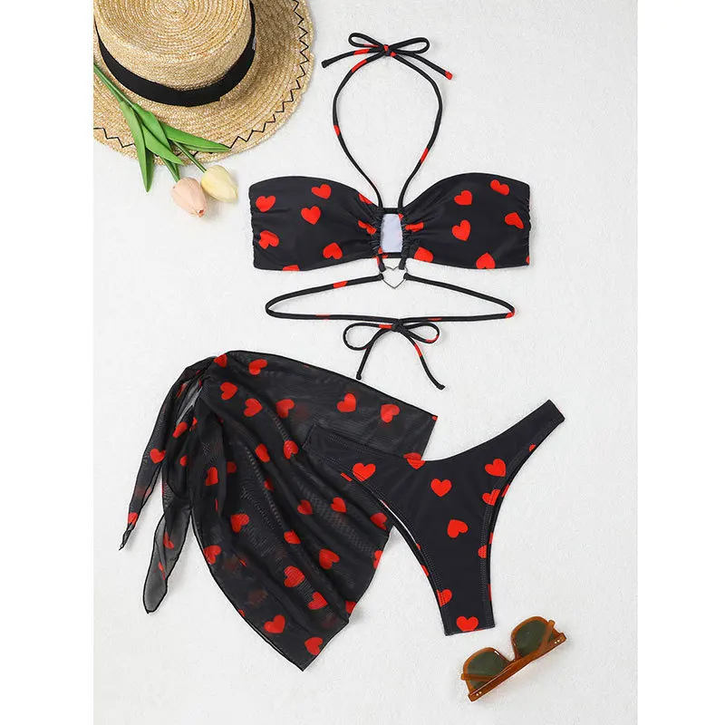 

Women 3pack Heart Print Bikini Sets With Skirt Bandeau Swimsuit Thong Swimwear Beach Cover-Up Push Up Biquinis 2024 Bathing Suit