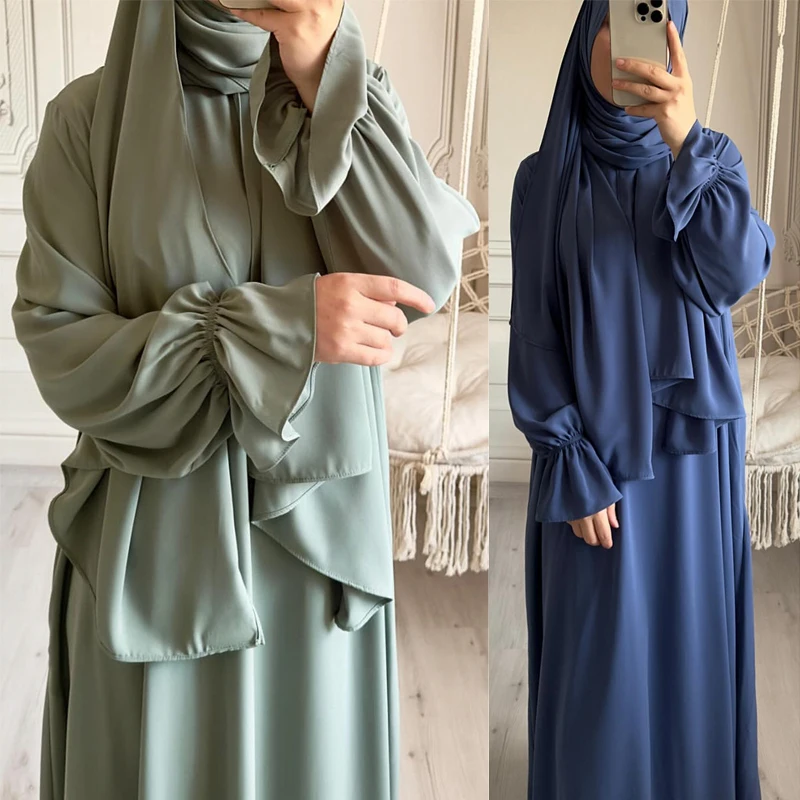 

Eid Muslim Dress Women Party Abaya Morocco Flare Sleeve Modest Long Dresses with Scarf Ramadan Kaftan Islam Dubai Arab Long Robe