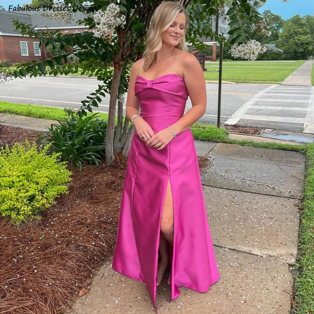 

Fuchsia Long A-line Bridesmaid Dresses Satin Slit Pockets Strapless Women Wedding Guest Dress Sweetheart Neck Prom Party Gown
