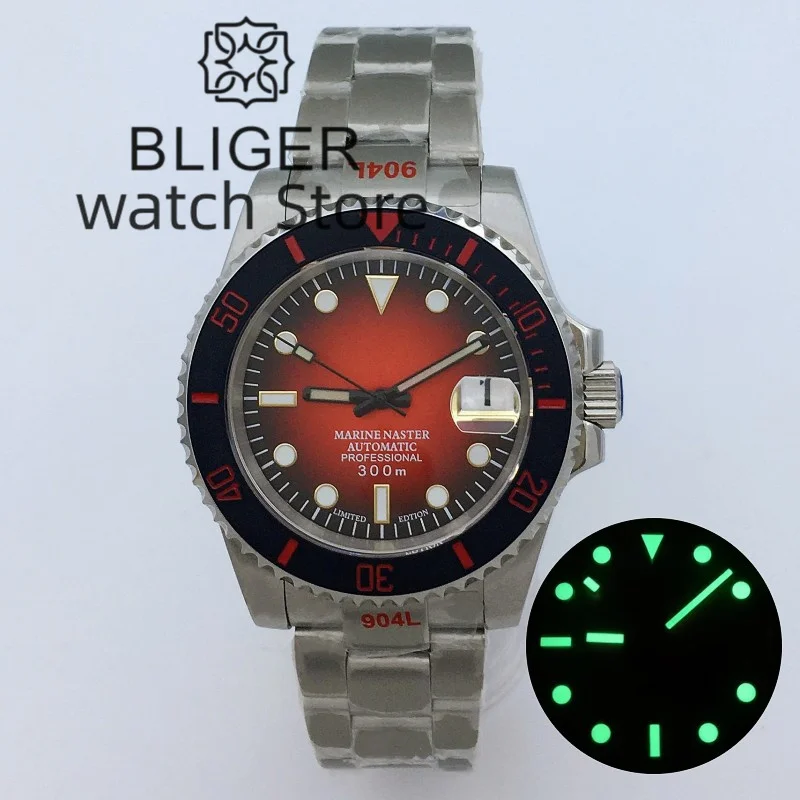 

BLIGER 40mm NH35A Mechanical Automatic Diver Watch For Men Gradient Red Dial Luminous sapphire glass spiral Crown Reloj Hombre