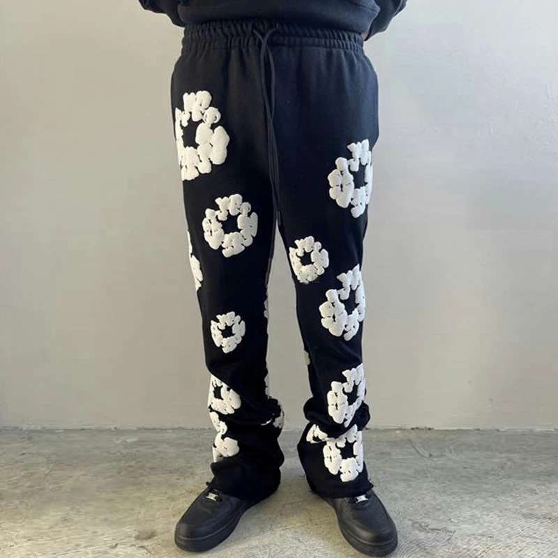 

Streetwear Three-dimensional Foam Printing Flare Pants Men Sweatpants Harajuku Wide Joggers Y2k Women's Black Flared Pants