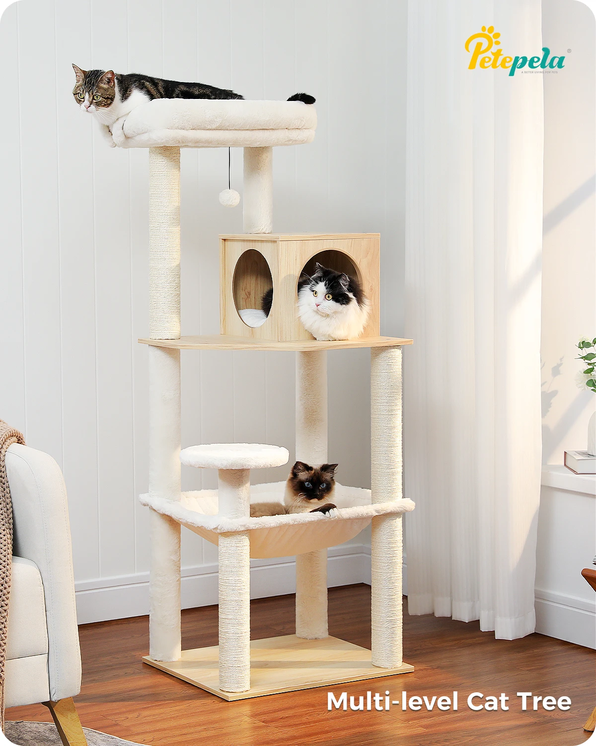 

Height 143CM Multi-Level Cat Tree Condo for Indoor with Sisal Scratching Posts Wood with Cozy Super Large Hammock Plush Perch