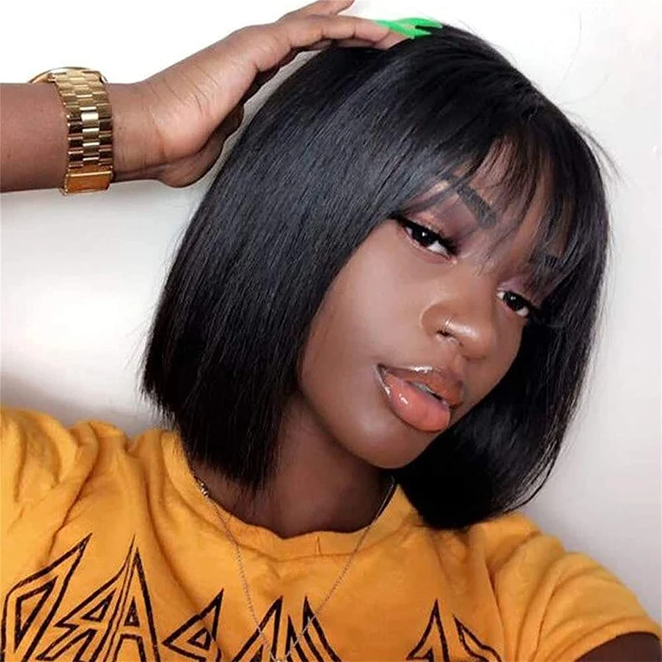 

Straight Short Bob Wigs with Fringe Human Hair 180% Density Brazilian Remy Human Hair Wigs with Bangs Gluless Full Machine Made