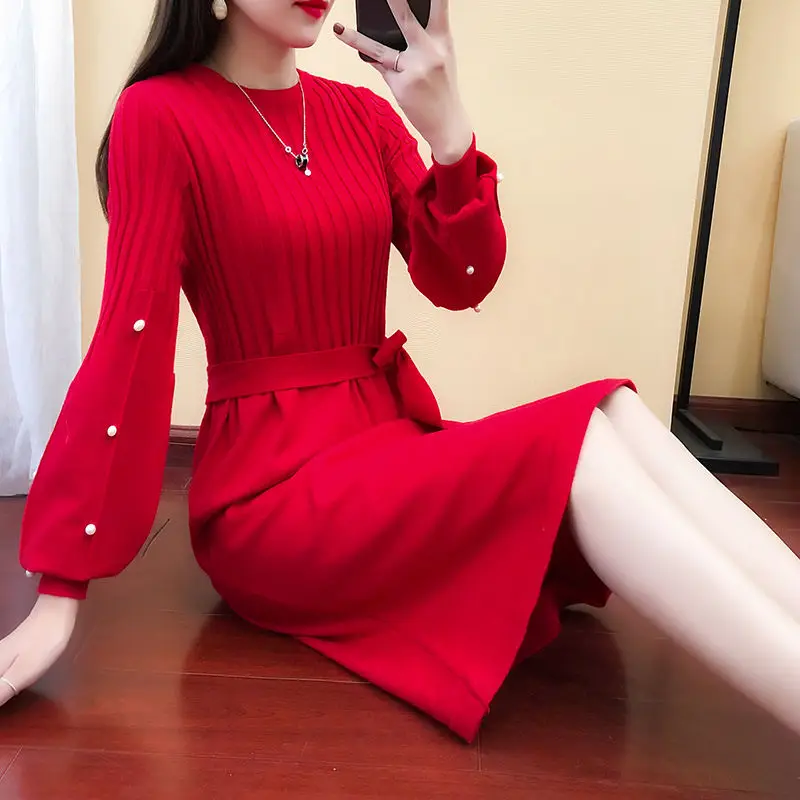 Korean Fashion Crew Neck Sweater Dress Women Autumn Elegant Belted Lantern Sleeve Pleated Knitted Dresses Casual Vestidos U1442
Korean Fashion Crew Neck Sweater Dress Women Autumn Elegant Belted Lantern Sleeve Pleated Knitted Dresses Casual Vestidos U1442