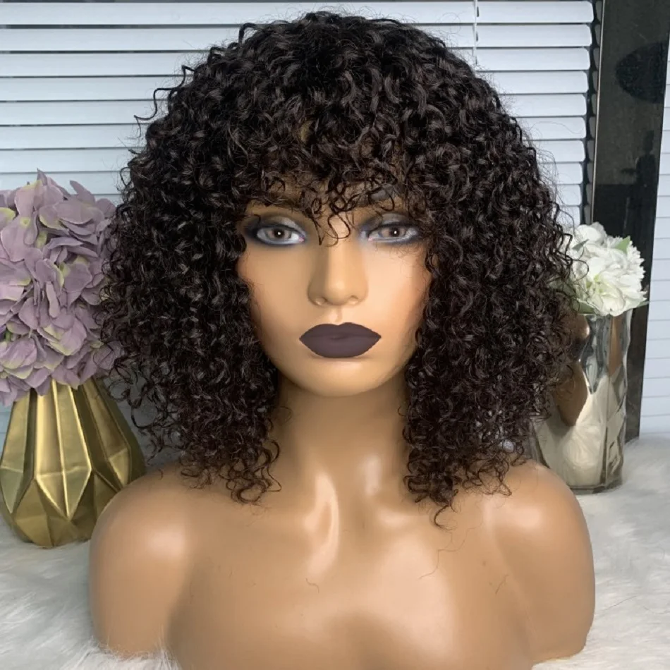 

Glueless Water Wave Human Hair Wig With Bangs Full Machine Made Short Bob Wigs Jerry Curly Brazilian No Lace Wig For Black Women