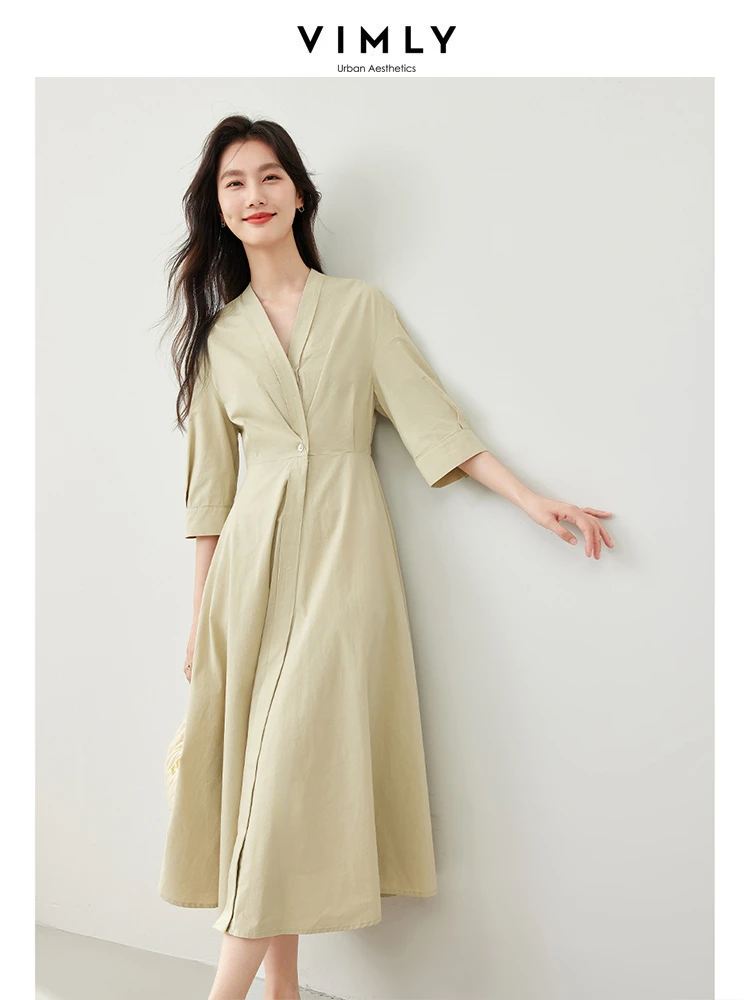 

Vimly Elegant Summer Dress 2024 French Style V-neck A-line Cotton 100% Casual Elastic Waist Midi Dresses Womans Clothing 30097