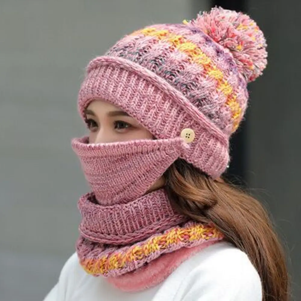 

Knitted Pom Bobble Warm Neck Warmer Snow Ski Cap Women Beanie Stripe Hat Scarf Mask Set