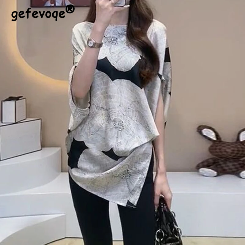 

Women's Asymmetrical Designer Luxury Elegant Blouse Summer Fashion Print Short Sleeve Office Lady Shirt Casual Loose Tops Blusas