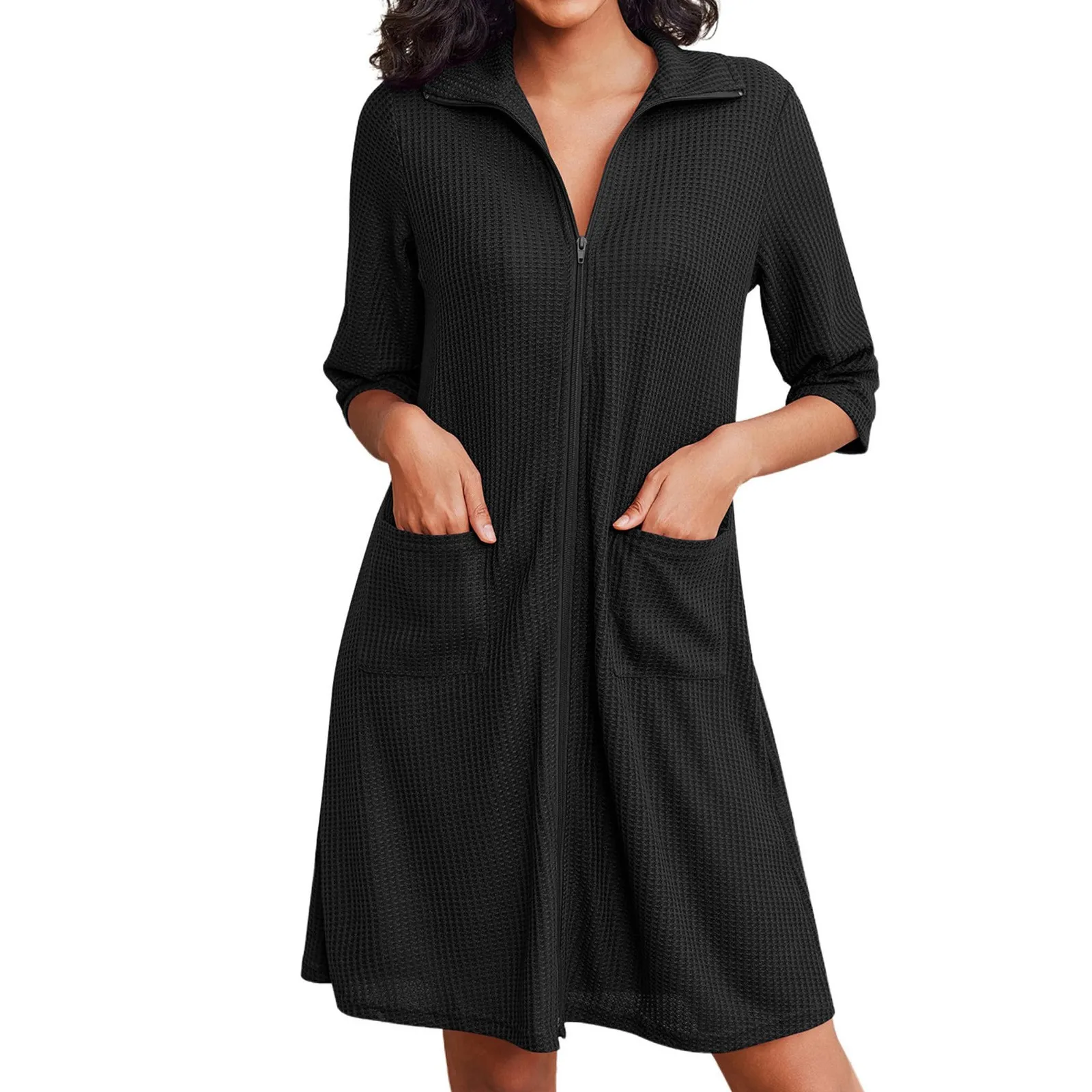 

Халат на застежке-молнии для женщин вязаные банные халаты короткие легкие до колена одежда для отдыха с карманами платья для женщин 2024 원스 스
