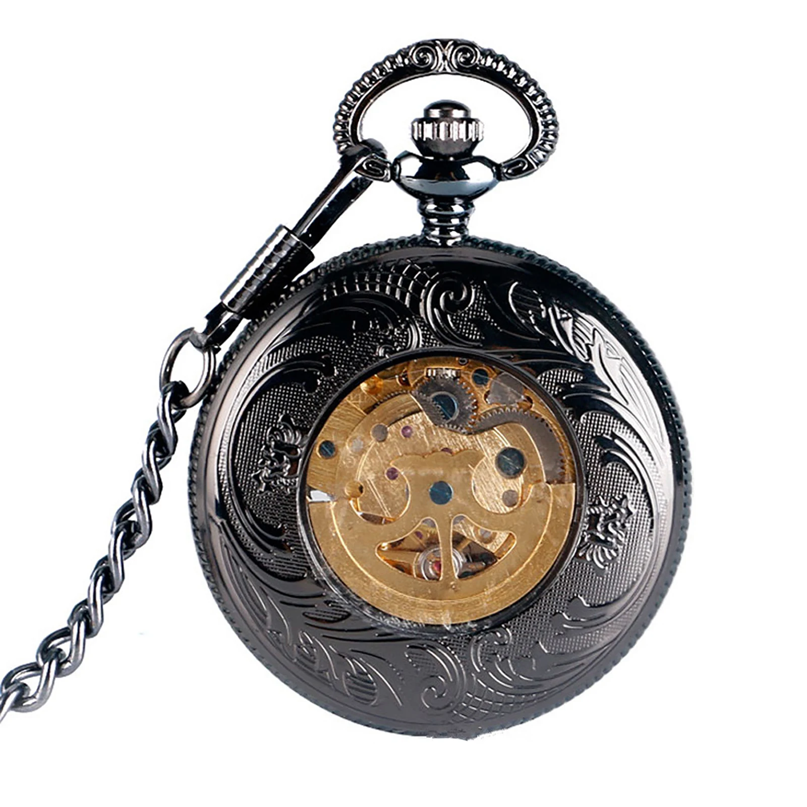 

Retro Mechanical Hand Wind Pocket Watches Roman Numeral Dial Skeleton Mechanical Flip Watch Men Clock With Fob Chain Gift Box