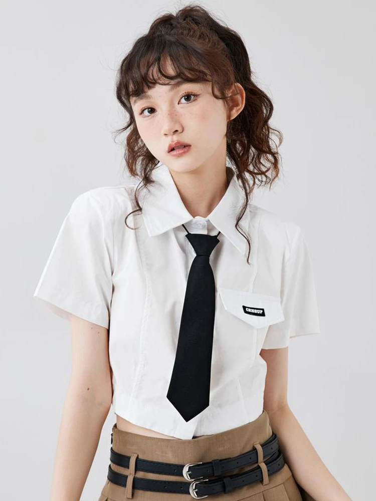 

2024 Sexy Cropped Jk Tie Shirt Women Sweet Japan Short Sleeve Blouse Cute Preppy Style Casual Female Fashion Kawaii Summer Tops
