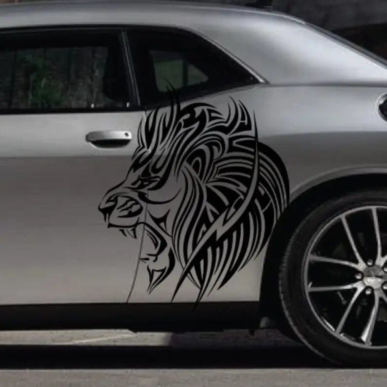 

2x Angry Lion King Teeth Fits Dodge Challenger Tattoo Grunge Design Tribal Door Bed Side Pickup Vehicle Truck Sticker Vinyl Grap