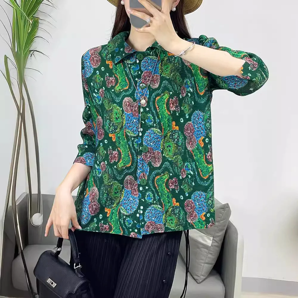 

Miyake Pleated Casual Printed Three-quarter Sleeve Shirt Tops Women's 2024 Summer New Loose Versatile Cardigan Women's Clothing