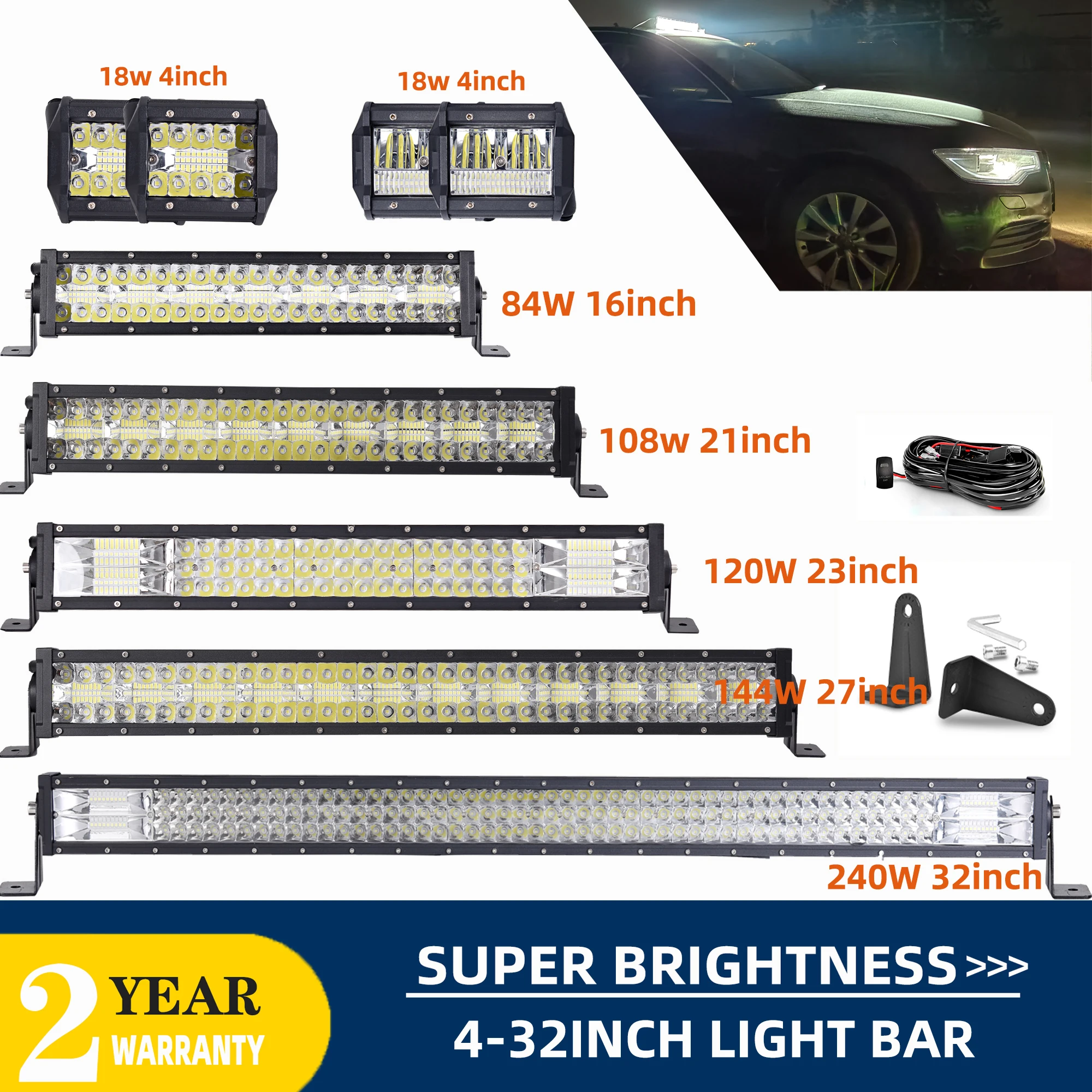 

4'' 7'' 16 Inch Offroad Led Work Light Bar Spot Flood Combo 21'' 144W Led front Light for Jeep Truck ATV UTV SUV Headlights 12V